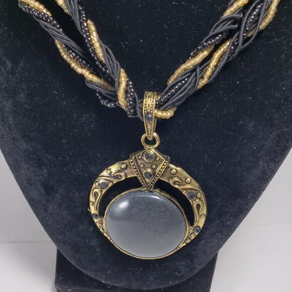 Women’s Statement Layered Gold Beaded Necklace Set – Circle Pendant + Earrings - Picture 12 of 12